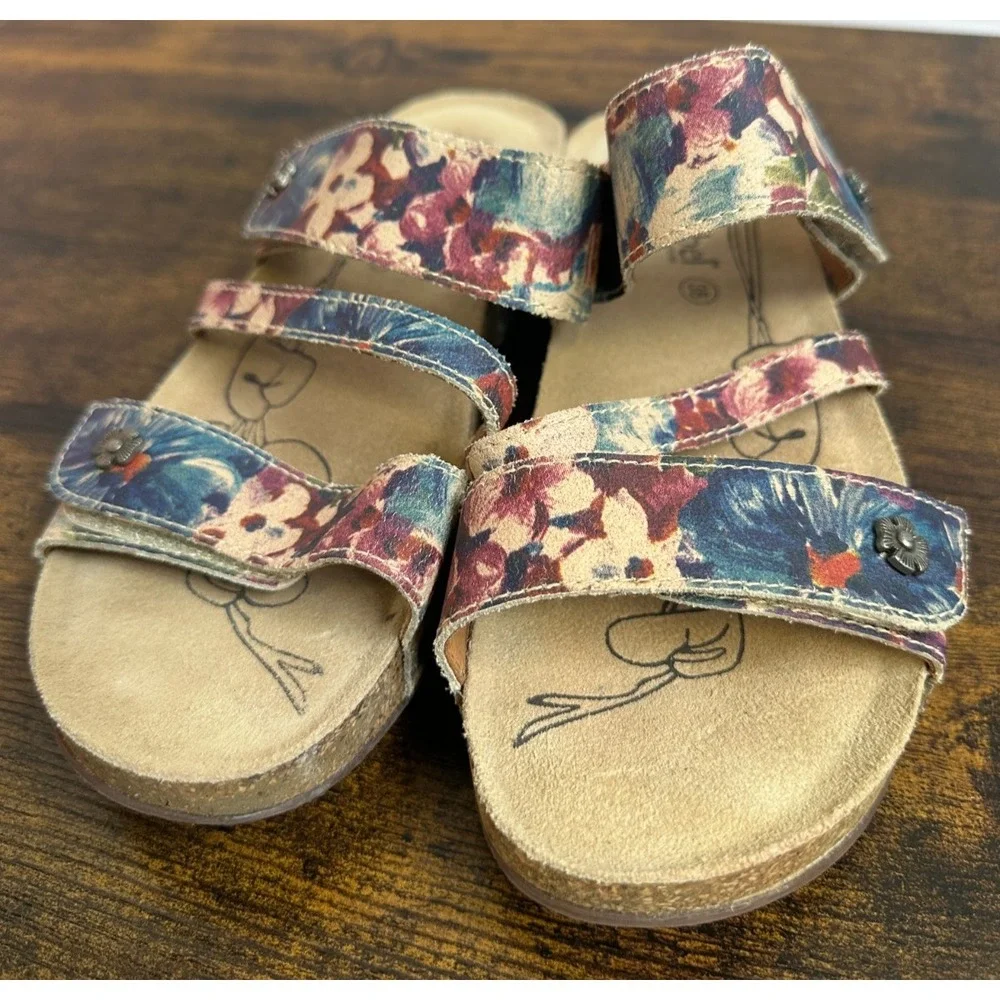 Josef Seibel Tonga 54 Floral Slide Sandals Blue Red Tan Cork Boho Size 38 7 -7.5 - Picture 3 of 12